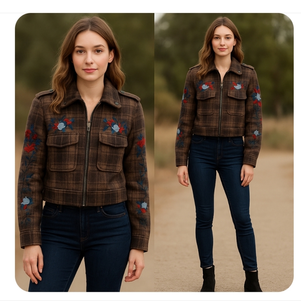 Driftwood Brown Plaid Embroidered Floral Moto military style Jacket‎ size XS new